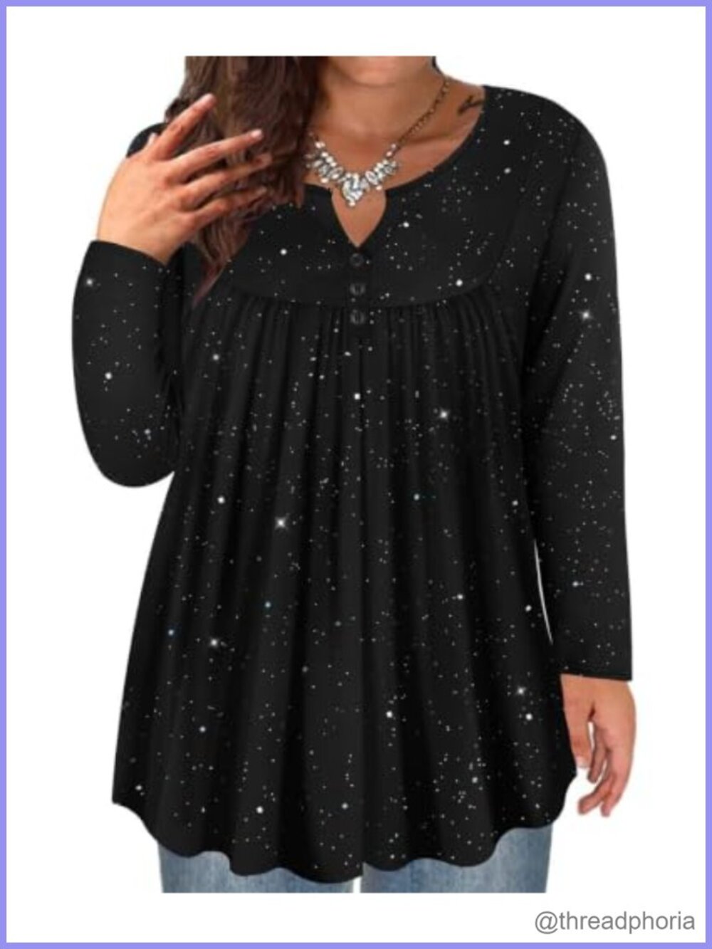 Womens Plus Size Tunic Long Sleeve V-Neck Lace Trim Button Flowy Top